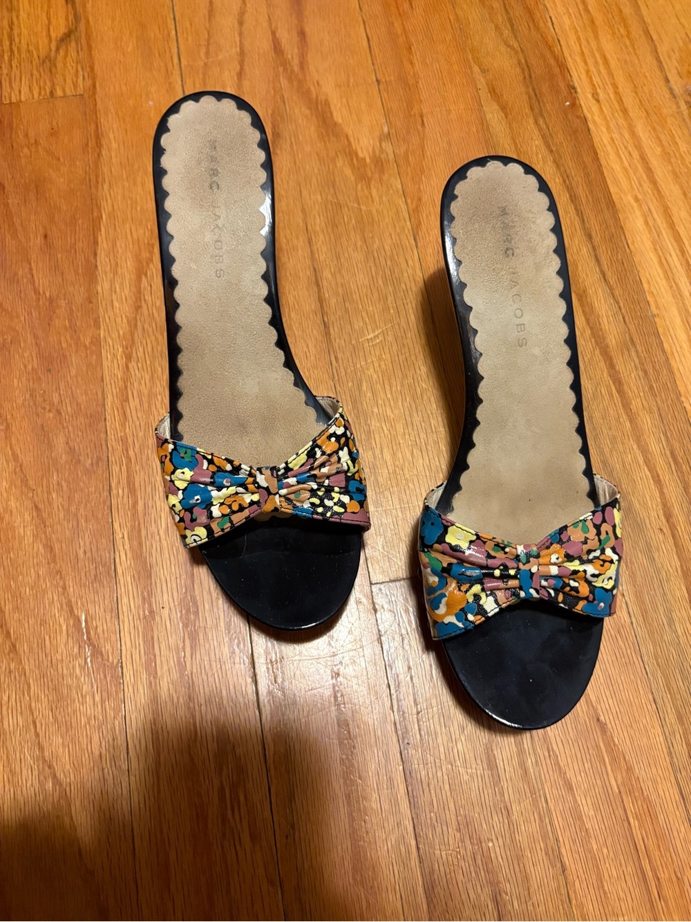 Marc Jacobs Black Slide Mules with Multicolor Floral Bow Accents